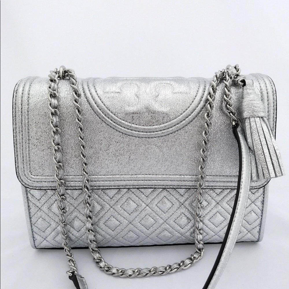 NWT Tory Burch Large FlemingCrossbody Spark Silver - Picture 4 of 8